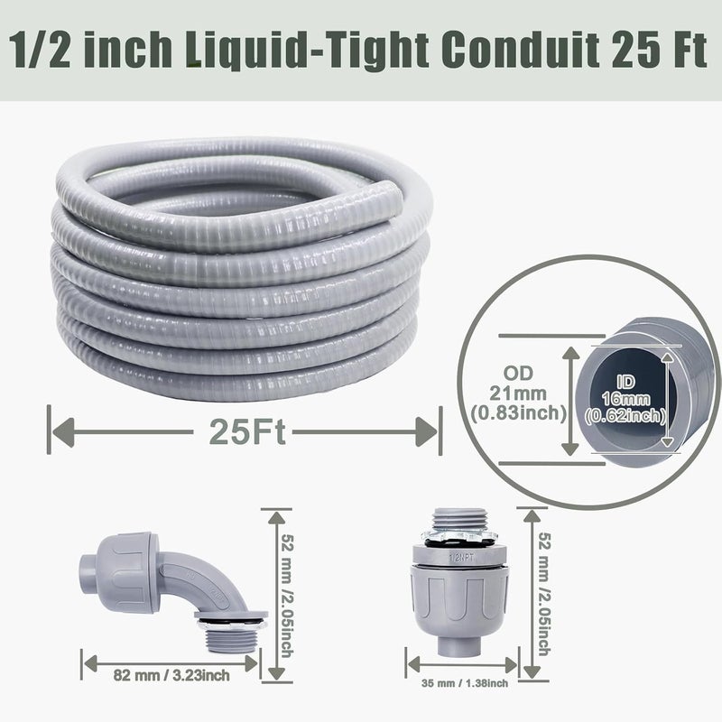 Feotech Liquid-Tight Conduit and Connector Kit - 1/2 Inch 25 FT Non Metallic Liquid Tight Electrical Conduit with 5 Straight and 5 Angle Fittings - Image 2